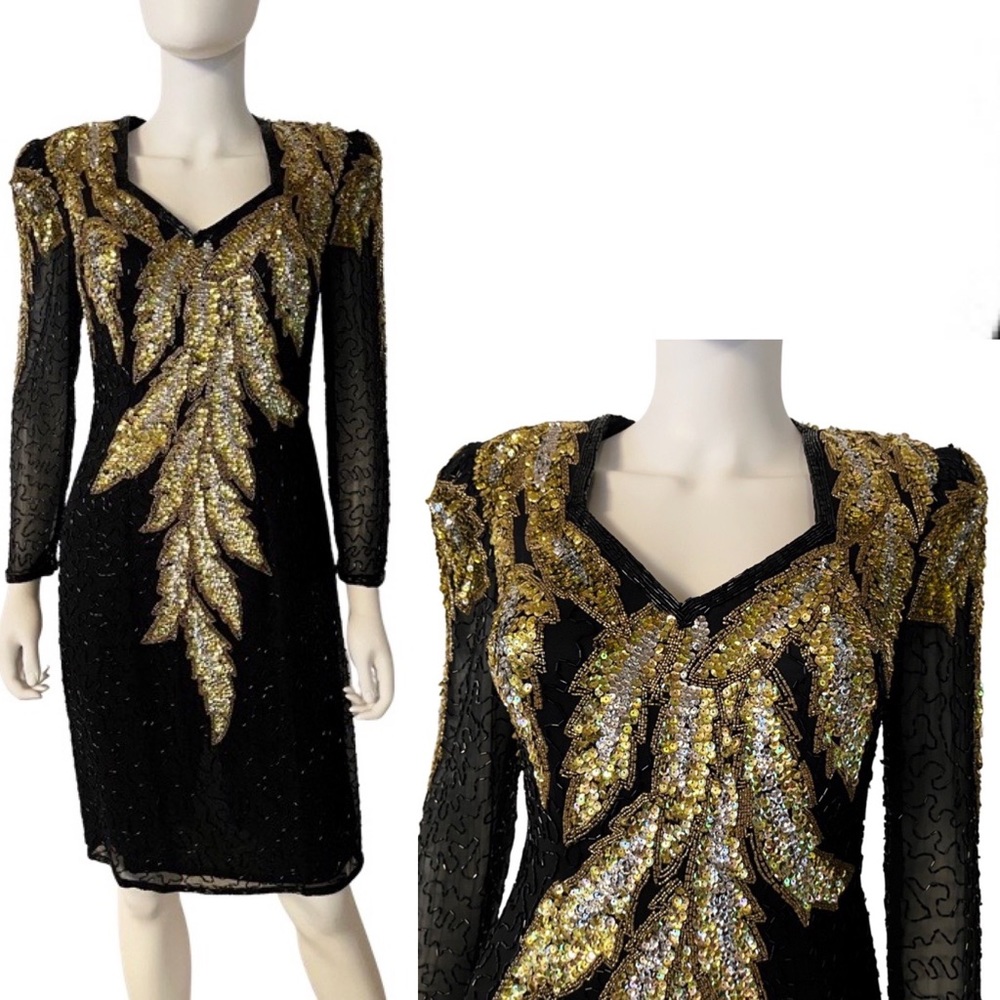 LILLIE RUBIN 1980s hand beaded and sequinned couture gold flame cocktail dress
